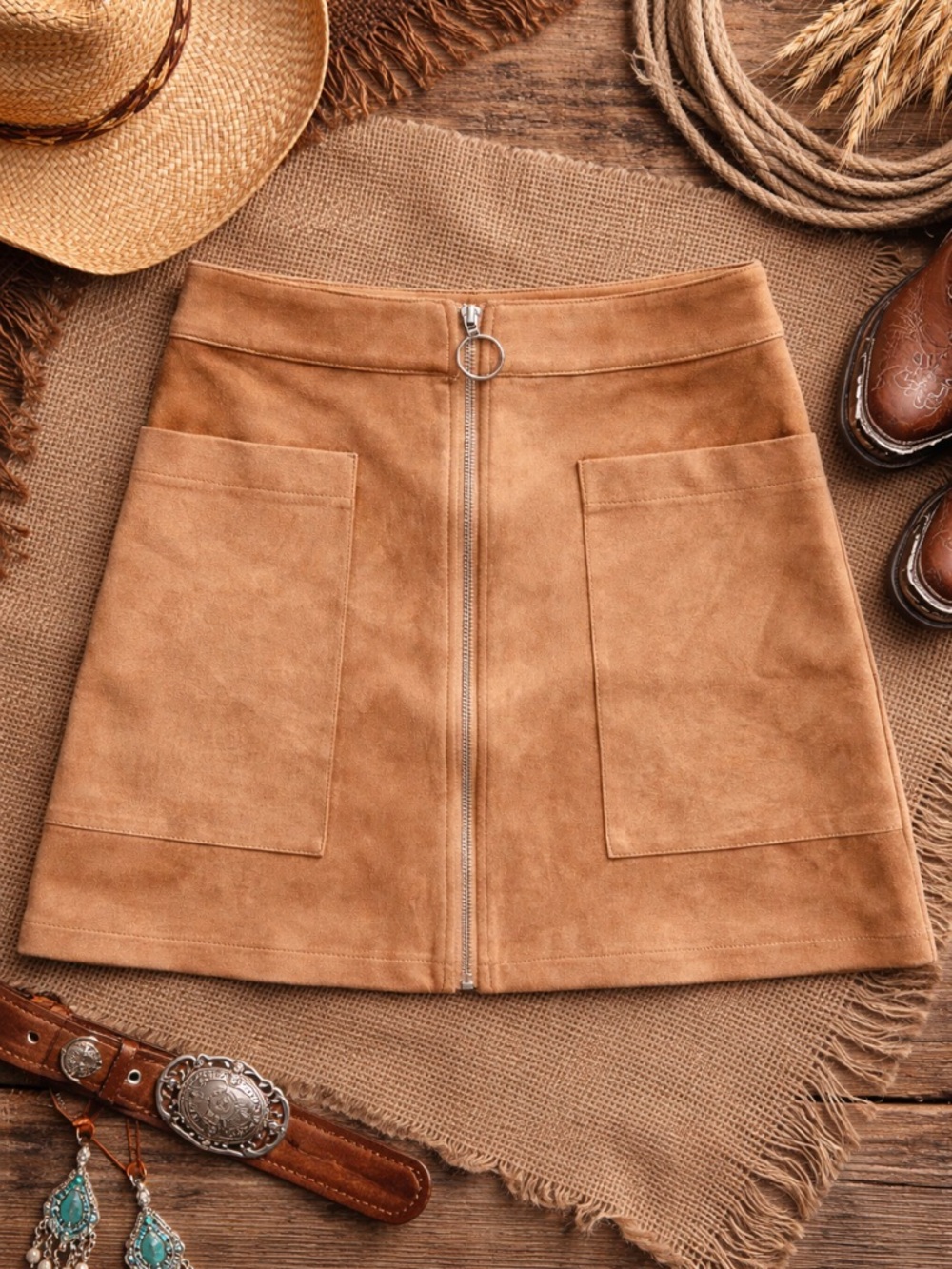 Tan Suede Front-Zip Mini Skirt with Patch Pockets